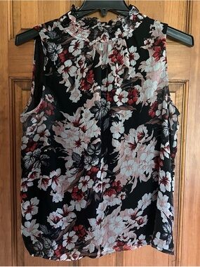 Vince Camuto Sleeveless Black Floral Ruffle Neck Women's Top-L